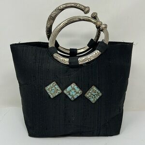 Hand Crafted Turquoise & Silver Raw Silk Handbag Purse
